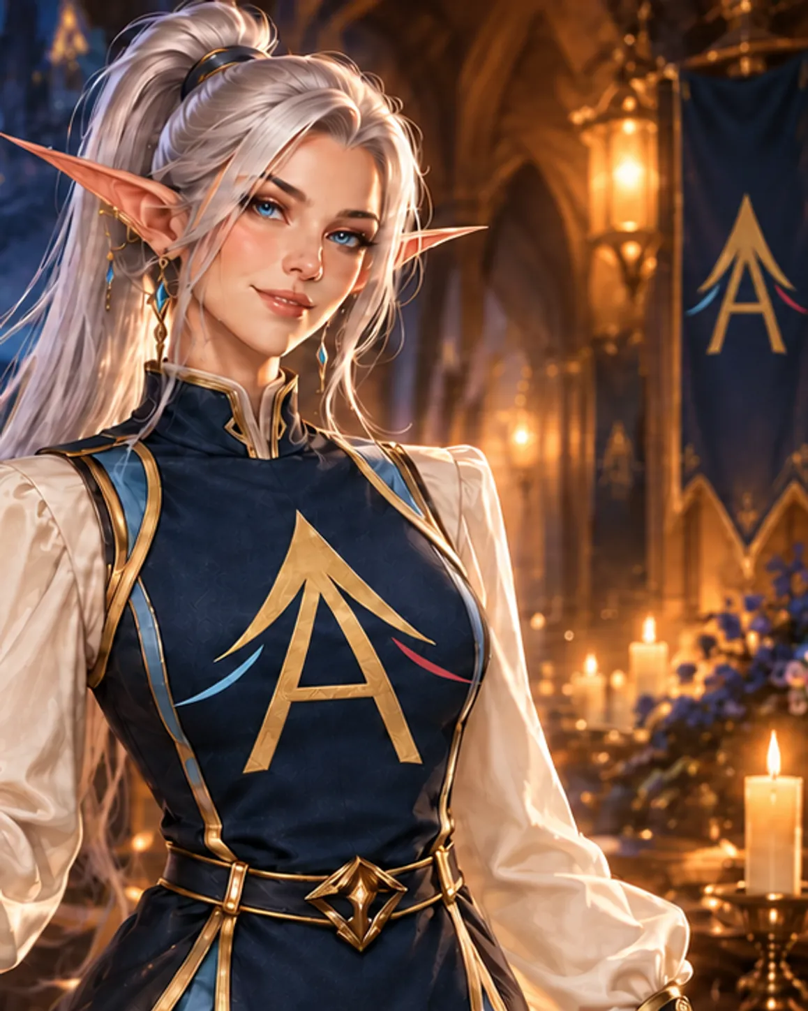 Our dealer, an elf in the house's navy and gold, holds out her hand in a candlelit hall hung with the A banner.